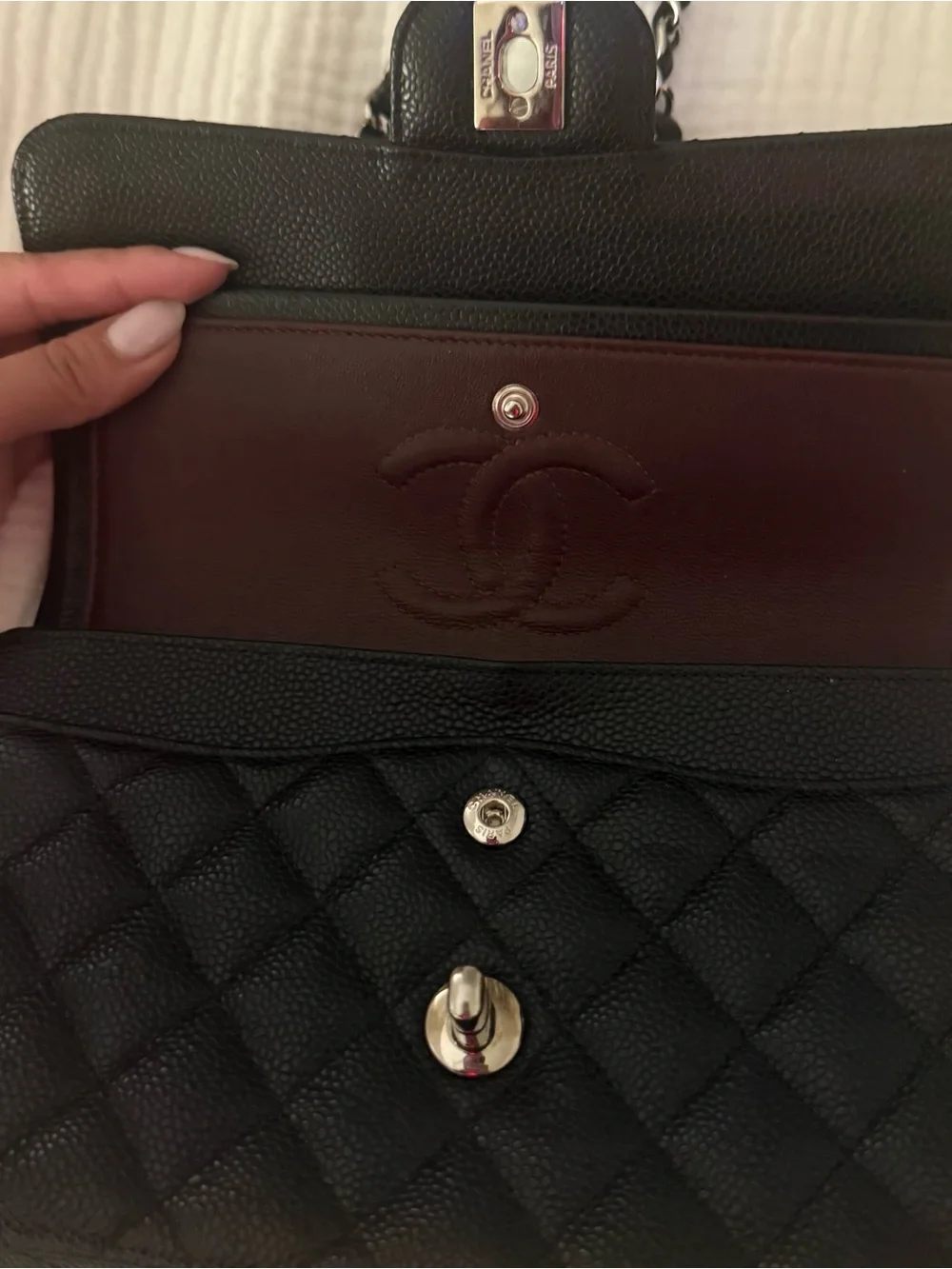 CHANEL Black Quilted Caviar Leather Shoulder Bag with Silver Hardware